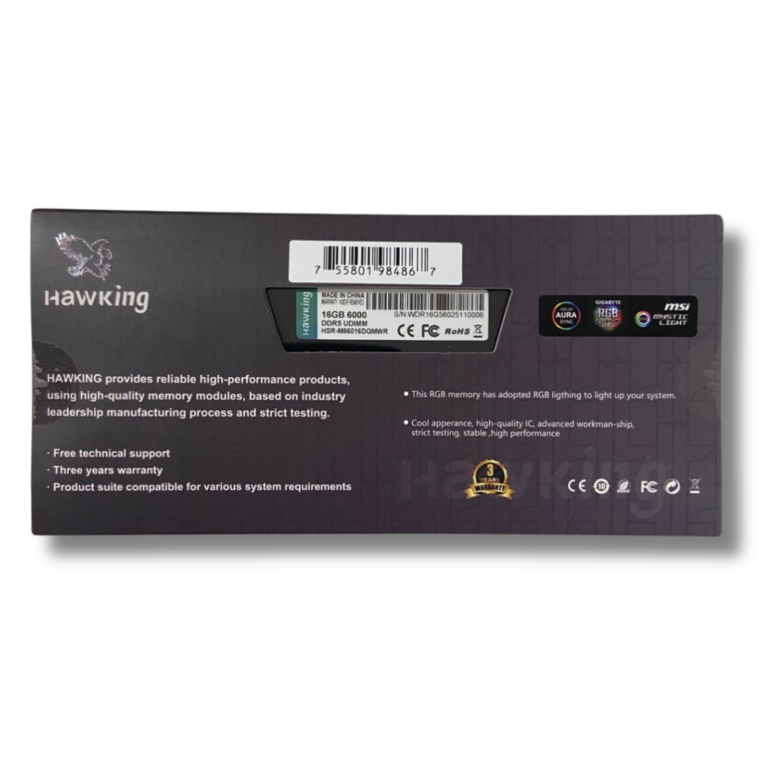 Memória RAM Hawking, RGB, 16GB, 6000MHz, DDR5, Preto